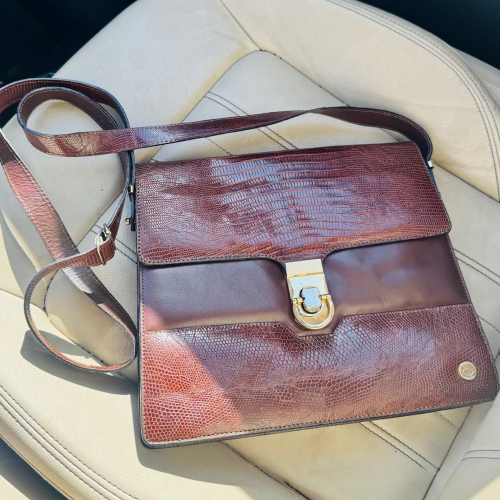 Vintage Brown Leather Lizard Embossed Shoulder Bag Gold Hardware Structured